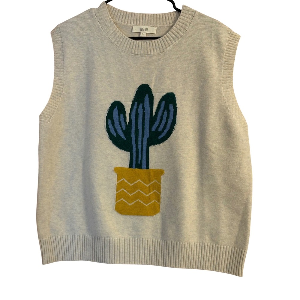 Jade by Jane Cactus Graphic Knit Sweater Vest Beige Oatmeal Crew Neck S Medium - Picture 2 of 4